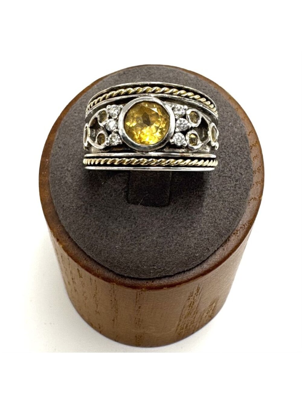 14k Gold & Sterling Silver 925 Citrine & CZ Tapered Band Statement Ring Size 7